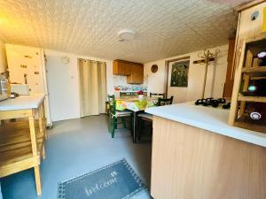 a kitchen with a counter and a table in it at Chambre en rez de jardin in Gland