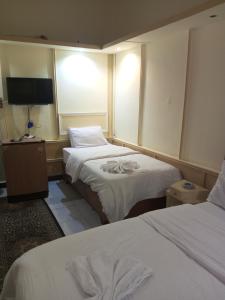um quarto de hotel com duas camas e uma televisão de ecrã plano em Hotel Panorama no Cairo
