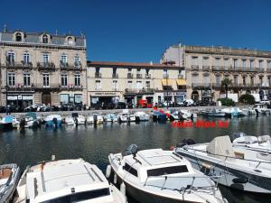 a group of boats docked in a harbor with buildings at Le maréchal in Sète