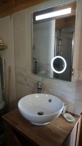ein Badezimmer mit einem weißen Waschbecken und einem Spiegel in der Unterkunft Gîte Coco Studio à 20 km de Saumur in Vernoil