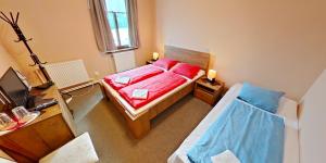 een kleine kamer met een bed en een televisie bij motorest U KONĚ in Stein Schönau