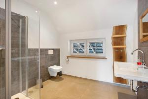ein Badezimmer mit Dusche, Toilette und Waschbecken in der Unterkunft Ferienwohnungen Übern Hof in Schmallenberg + 39 Fotos