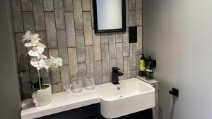 a bathroom with a white sink and a mirror at Park Lane Rooms in Abergavenny