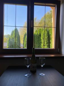 a bottle of wine and two glasses on a table at Sebe apartments 2 in Holíč