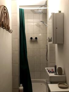 La salle de bains est pourvue d'une douche avec rideau de douche vert. dans l'établissement Au chovelète, à Rochefort