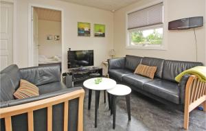 Stunning Home In Haderslev With Kitchen في Kelstrup Strand: غرفة معيشة مع أريكة جلدية سوداء وطاولة