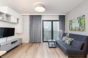 een woonkamer met een bank en een tv bij Park Krowoderski Comfort Apartment in Krakau