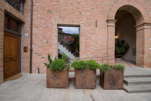 Trois grands planteurs avec des plantes devant un bâtiment dans l'établissement La Tenenza B&B, à Città della Pieve