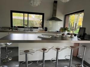 a kitchen with a large counter with stools in it at RANCH DOMAINE DE CLAIRIS in Savigny-sur-Clairis