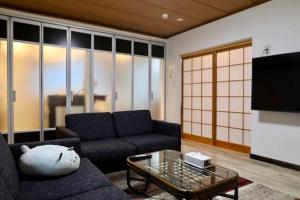 a living room with a couch and a tv at Snow House Hotel in Sapporo