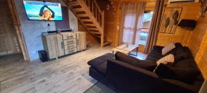 a living room with a couch and a television at Chalet de 3 chambres avec jacuzzi terrasse amenagee et wifi a Orlu in Orlu