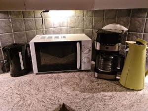 a microwave sitting on top of a kitchen counter at Sildpollnes Lodge in Laupstad