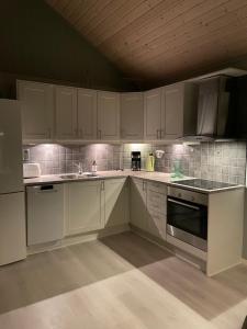 una cocina blanca con armarios y electrodomésticos blancos en Sildpollnes Lodge, en Laupstad