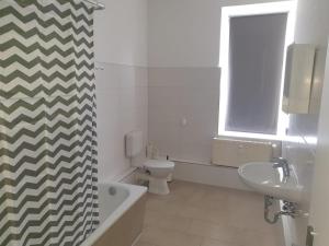 a bathroom with a sink toilet and a shower curtain at Ferien Wohnungen in Wurzen