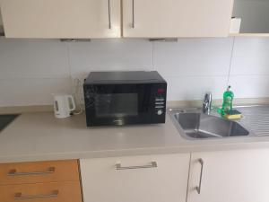a microwave sitting on a kitchen counter next to a sink at Ferien Wohnungen in Wurzen