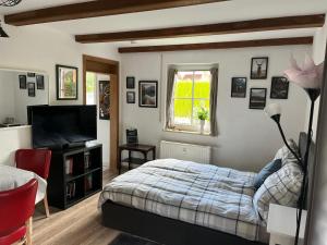 a bedroom with a bed and a flat screen tv at Happy Trails, Cosy One Room Garten Apartment in Oberau
