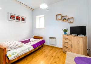 um quarto com uma cama e uma televisão numa cómoda em Hostel Koral em Szczecin