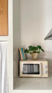 a microwave on a shelf with a plant on it at Casa Petita, Villajoyosa in Villajoyosa