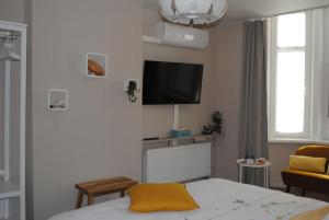 a bedroom with a bed and a flat screen tv at 't Zandmanneke in Ostend