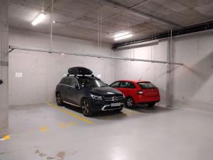 ジェールにあるKisfaludy Károly Apartmanの駐車ガレージに2台分の車が駐車されています。