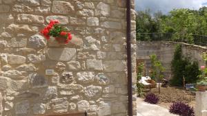 un muro di pietra con sopra un vaso di fiori rossi di BB Casavacanze Corneto a Bomba