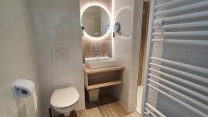 a bathroom with a toilet and a sink and a mirror at La Vigie Vacances in Les Sables-d'Olonne +58 photos