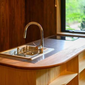 Obuse的住宿－ゲストハウス小布施，厨房内带水槽的厨房台面