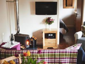 a living room with a tv and a table with a couch at Dragonfly Cottage, Canal location in Brecon