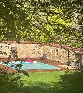 una piscina con un juguete rosa en un patio en Richard Lequet Domaine gastronomique du Val d Atur, en Boulazac