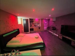 a bedroom with a bed with pink lights on it at Love Queen SPA DÉTENTE in Blois