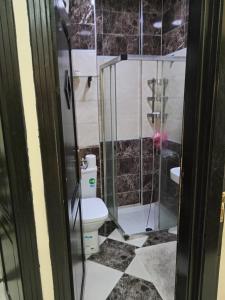een badkamer met een toilet en een glazen deur bij Appartement la vallée in Safi