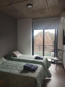 zwei Betten in einem Zimmer mit großem Fenster in der Unterkunft Apartamento estudio Flor de Lis in Salta