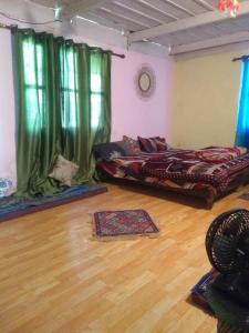 two beds in a room with green curtains at Renuka homestay and cafe in Kasol