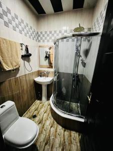 a bathroom with a shower and a toilet and a sink at Lux Palace Hotel in Kutaisi +22 photos