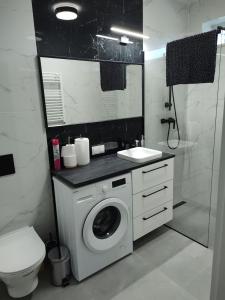 ein Badezimmer mit einer Waschmaschine und einem Waschbecken in der Unterkunft Apartamenty POSNANIA - MALTA , Faktura VAT, bezkontaktowe zameldowanie, bezpłatne miejsce parkingowe in Posen