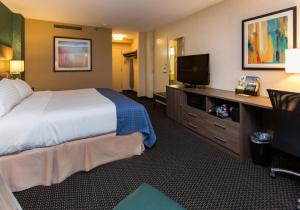 um quarto de hotel com uma cama e uma televisão de ecrã plano em Holiday Inn Des Moines-Downtown-Mercy Campus, an IHG Hotel em Des Moines