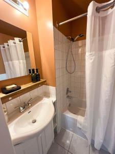 y baño con lavabo, aseo y ducha. en Auberge la Rosepierre bistro Henri, en Grandes-Bergeronnes