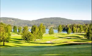 a golf course with a lake and mountains in the background at Holmenkollen Forest House free parking in Oslo