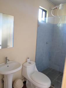 a bathroom with a toilet and a sink and a shower at Villas El Alto 4 in Cóbano