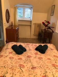 ein Schlafzimmer mit einem Bett mit zwei schwarzen Kissen darauf in der Unterkunft Appartement RDC dans jolie parc Arboré in Beure