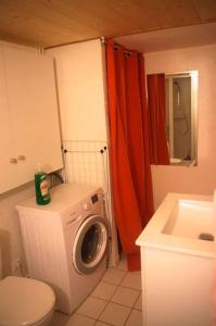 ein Badezimmer mit einer Waschmaschine und einem Waschbecken in der Unterkunft Appartement RDC dans jolie parc Arboré in Beure