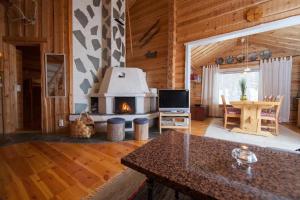 a living room with a fireplace in a log cabin at Hukka, 4+3 hlö, Levi in Levi