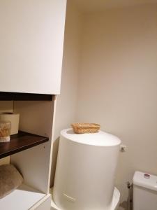 a bathroom with a toilet with a basket on top of it at Superbe studio proche de toutes commodités in Franqueville-Saint-Pierre