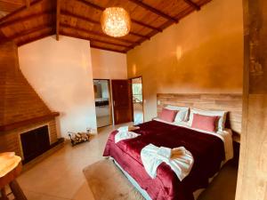 een slaapkamer met een groot bed en een open haard bij Pousada D'avilas in Monte Verde