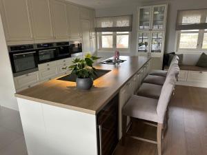 a kitchen with a island with a plant on it at Stor villa sentralt på Leknes in Leknes