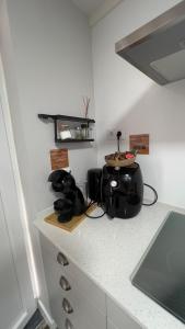 um balcão de cozinha com um lavatório e um micro-ondas em Chalé do Vale no Pinhal Novo