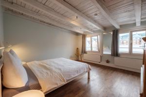 a bedroom with a bed and two windows at Zaunkönig Apartments in Baden-Baden