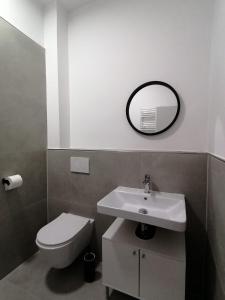 a bathroom with a sink and a toilet and a mirror at estrella24 LIVING ROOMS Singapur in Herne +40 photos