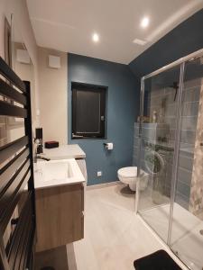 La salle de bains est pourvue d'une douche, d'un lavabo et de toilettes. dans l'établissement Appartement indépendant avec extérieur, à Epfig