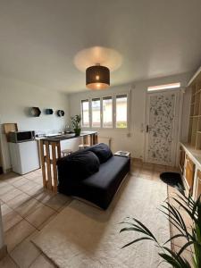 ein Wohnzimmer mit einem Sofa und einer Küche in der Unterkunft Dépendance campagne Rouennaise in Belbeuf